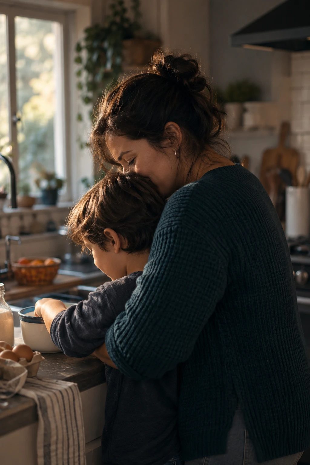 Mãe abraçando o filho por trás enquanto ele mexe uma massa na cozinha, com a luz da janela ao fundo