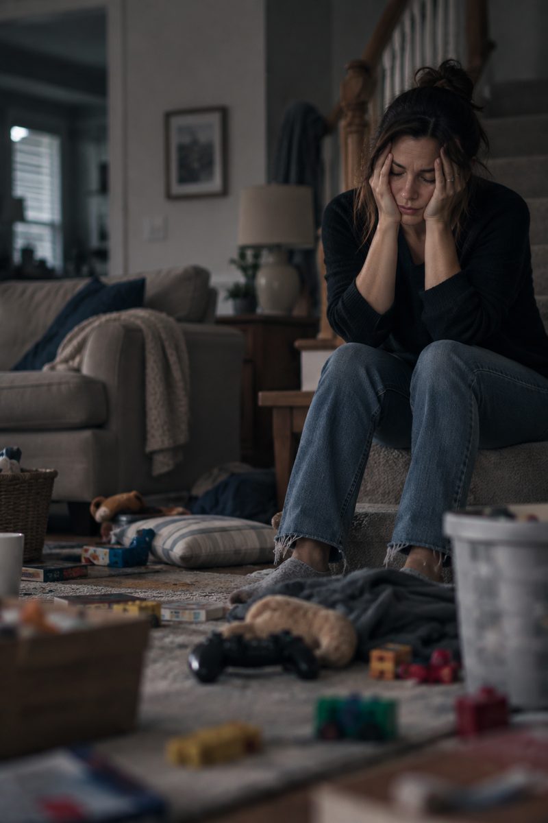 Mãe sentada, exausta, com brinquedos espalhados ao redor